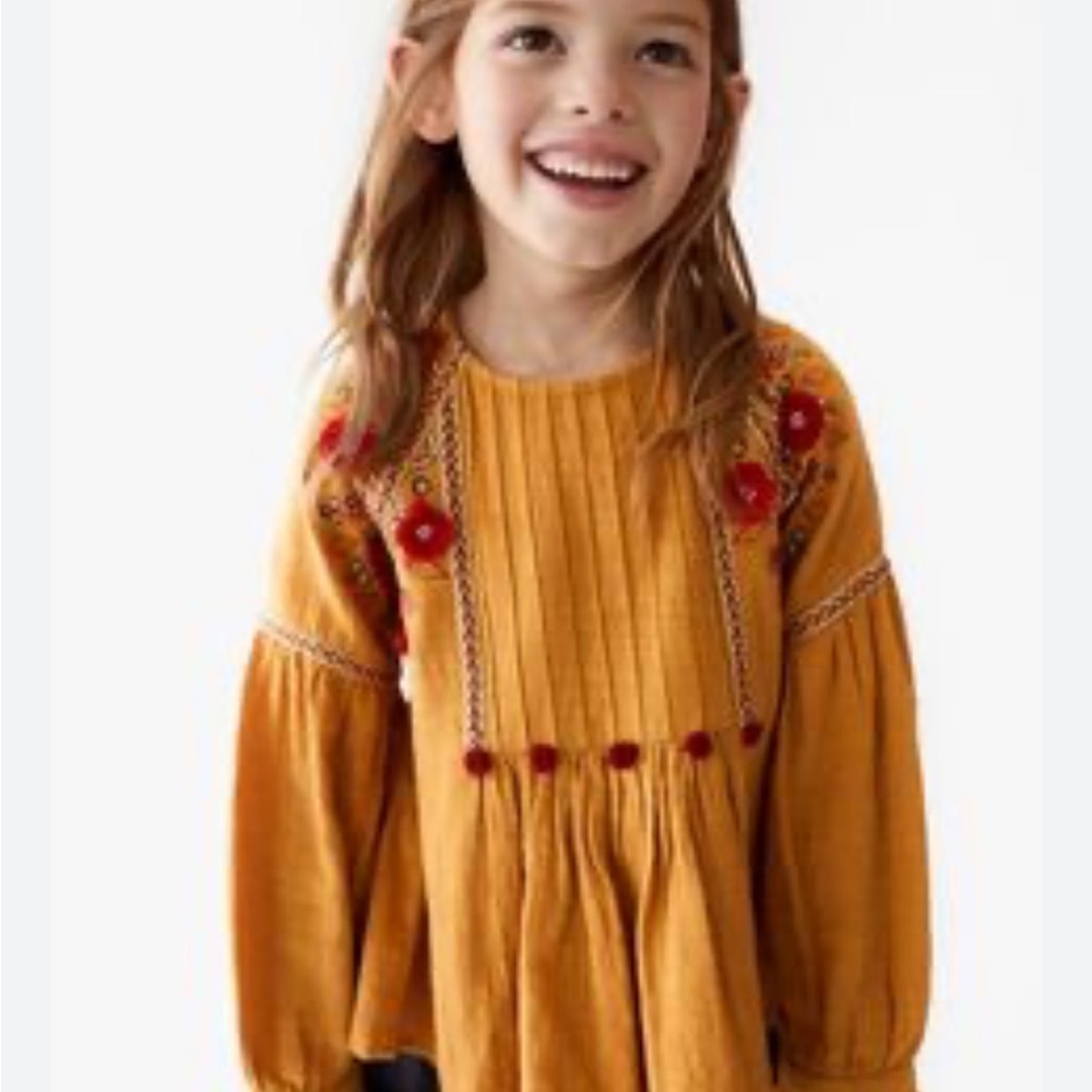 Zara Kids Embroidered Floral Pompom Tunic Top Size 9 Fall Pumpkin Patch School